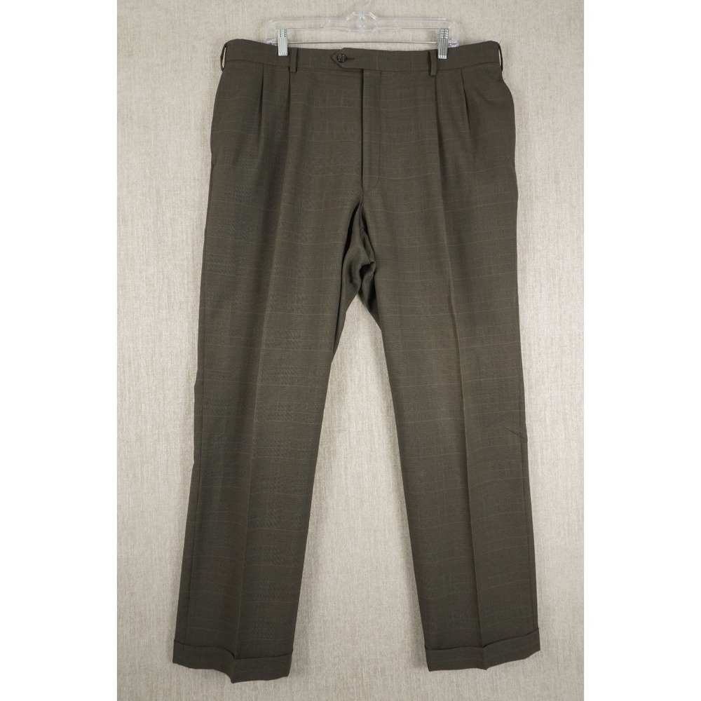 Jos A Bank Business Express Brown Window Pane Pleated Cuffed Trouser 40Lx31 Wool